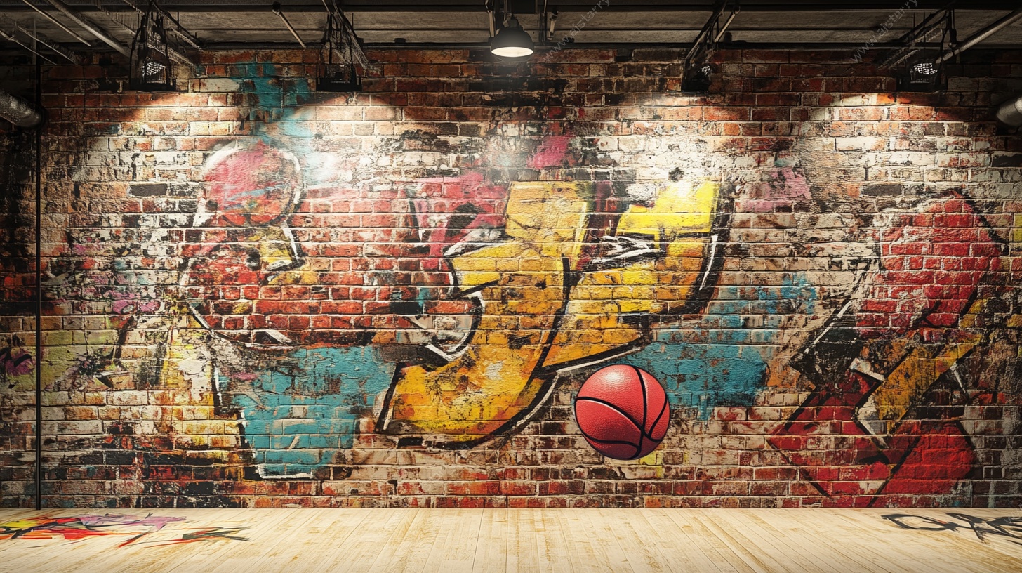 篮球涂鸦风砖墙艺术空间