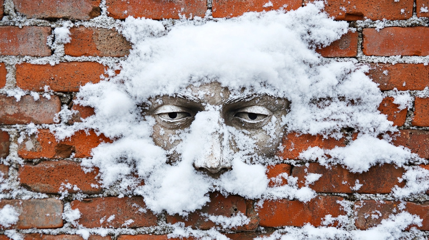雪覆砖墙人脸雕塑