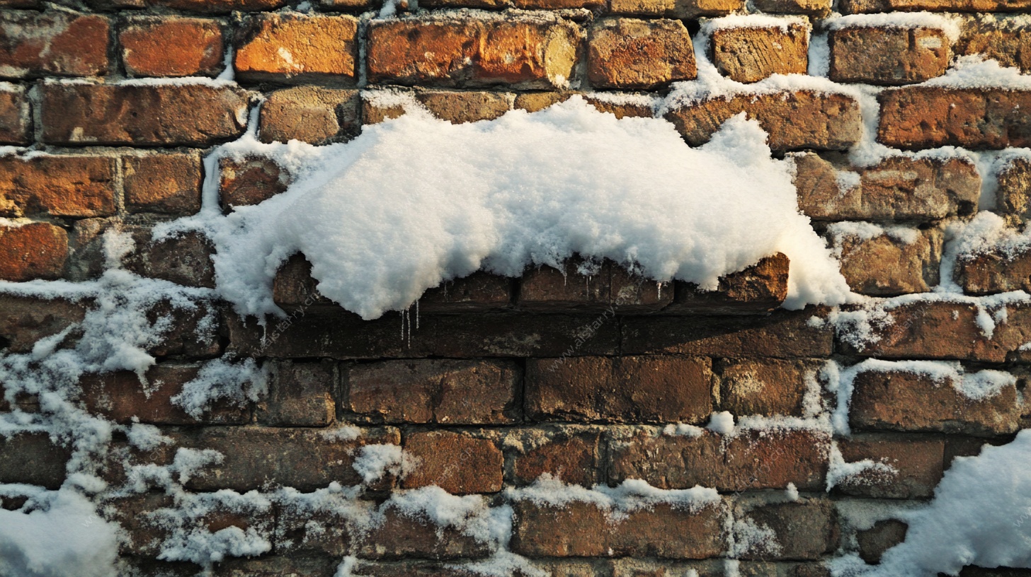 覆雪砖墙特写