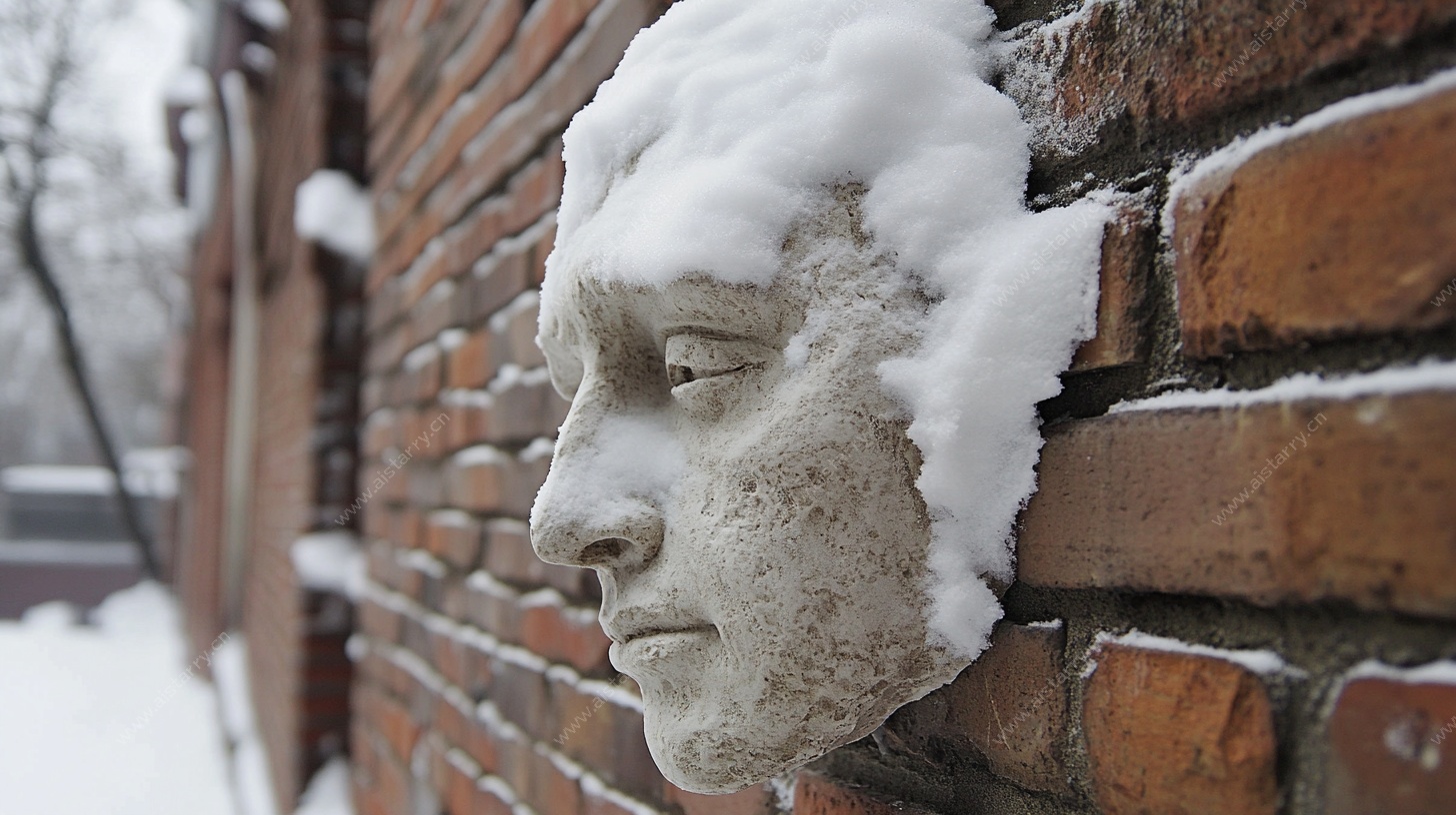 雪中砖墙上的雕塑头像