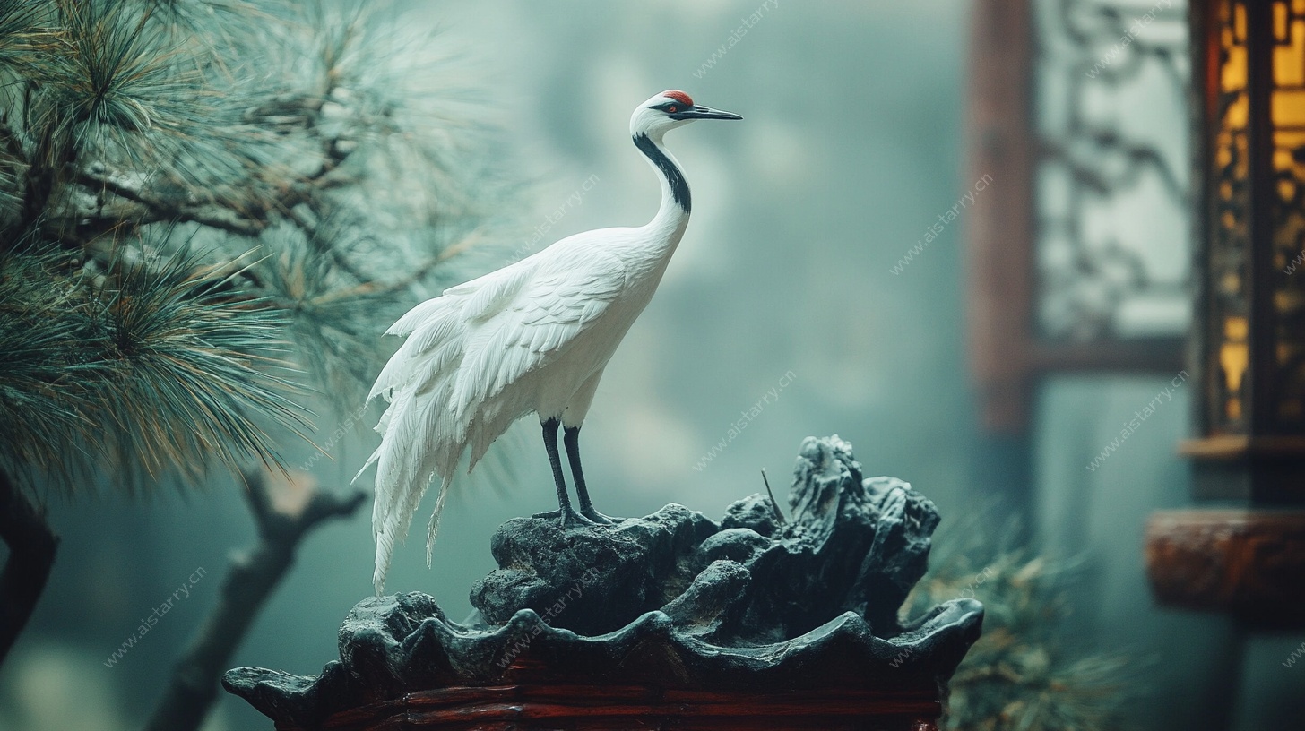 中式园林白鹤优雅伫立