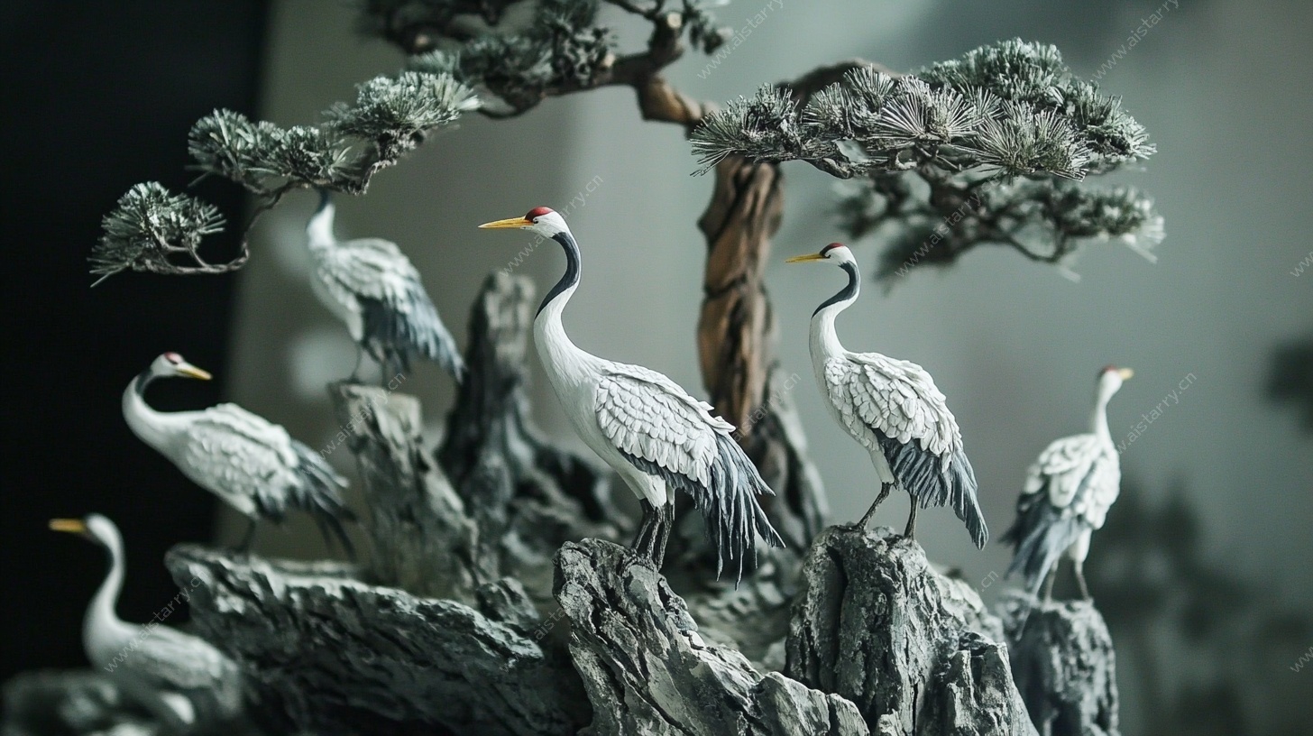 仙鹤立于山石松树间景观