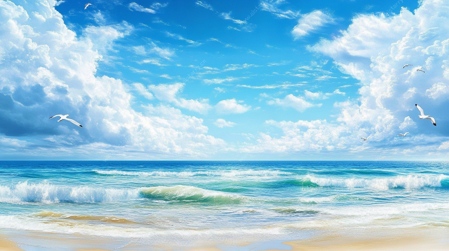 梦幻海景插画 海浪与飞鸟