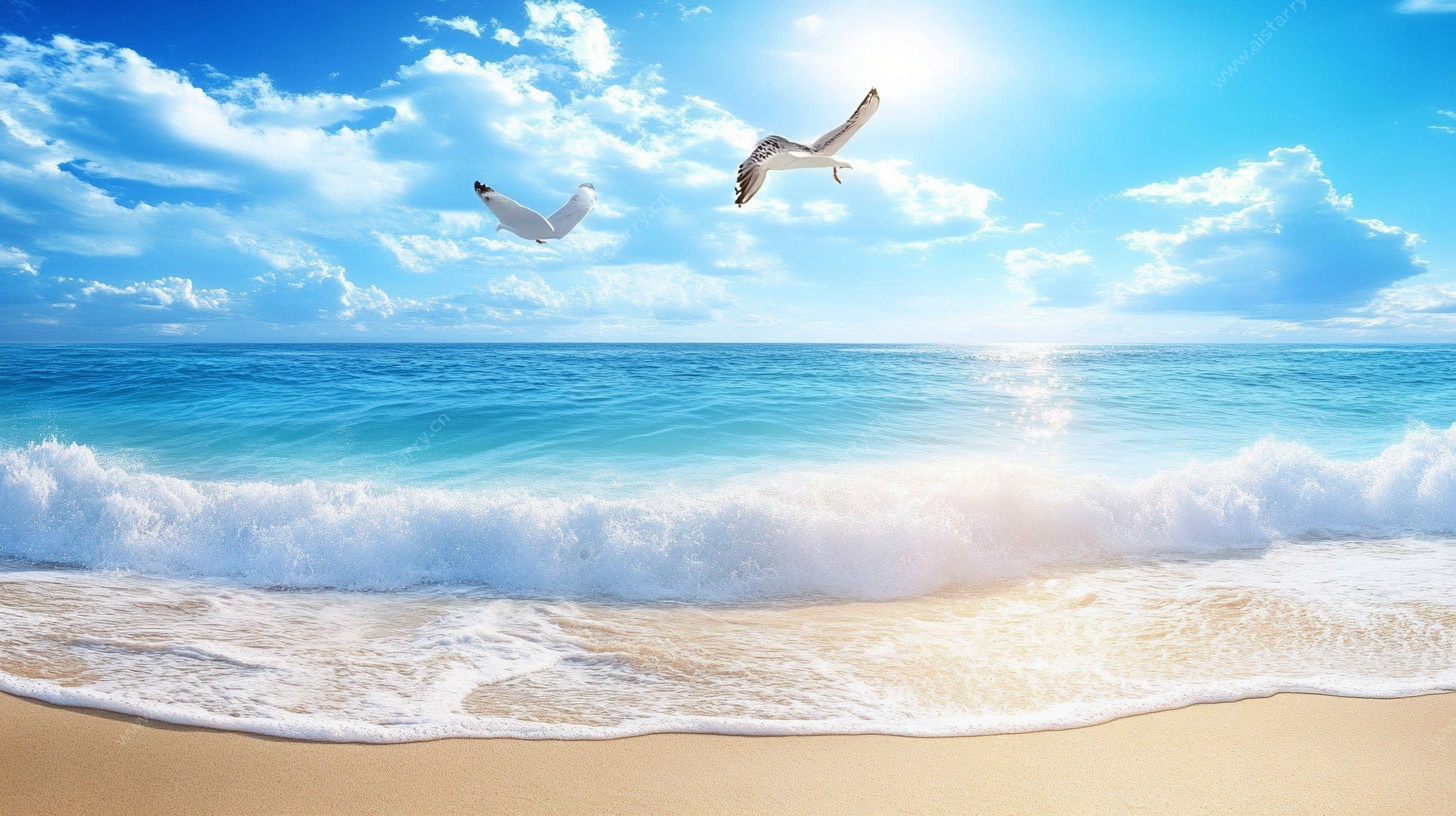 碧海蓝天海鸥伴沙滩美景