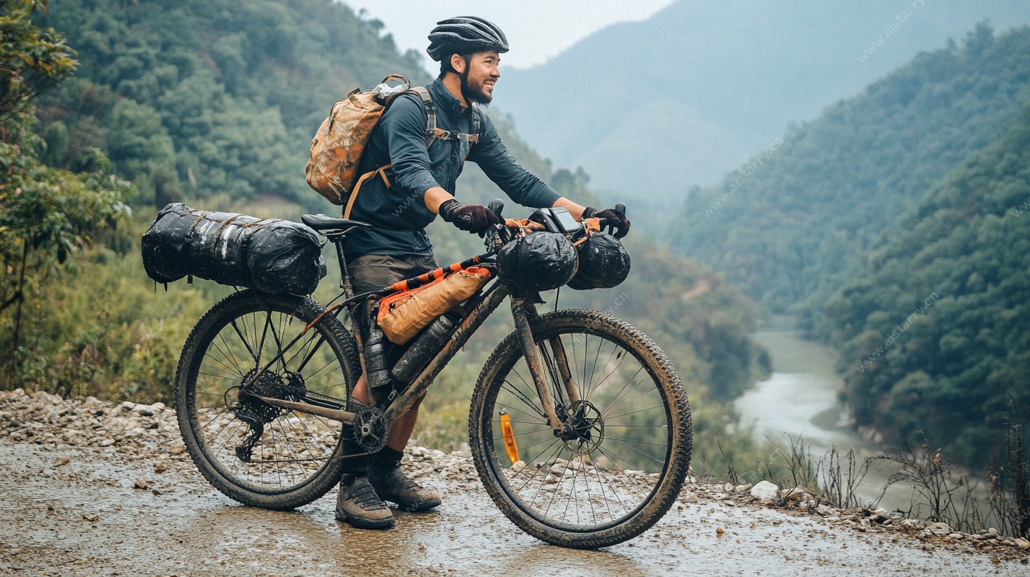 骑行者于山间泥泞路驻足