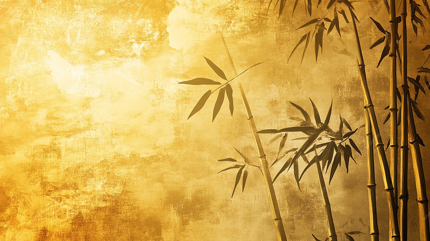 金色背景下的翠竹剪影