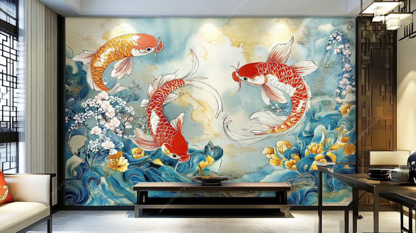 中式客厅锦鲤壁画背景墙