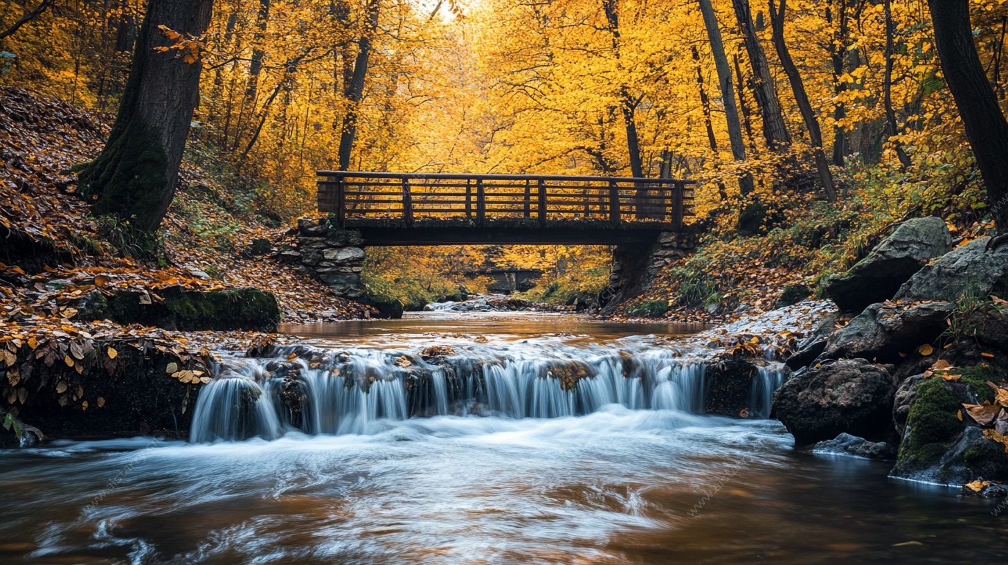 秋日溪流上的木桥美景