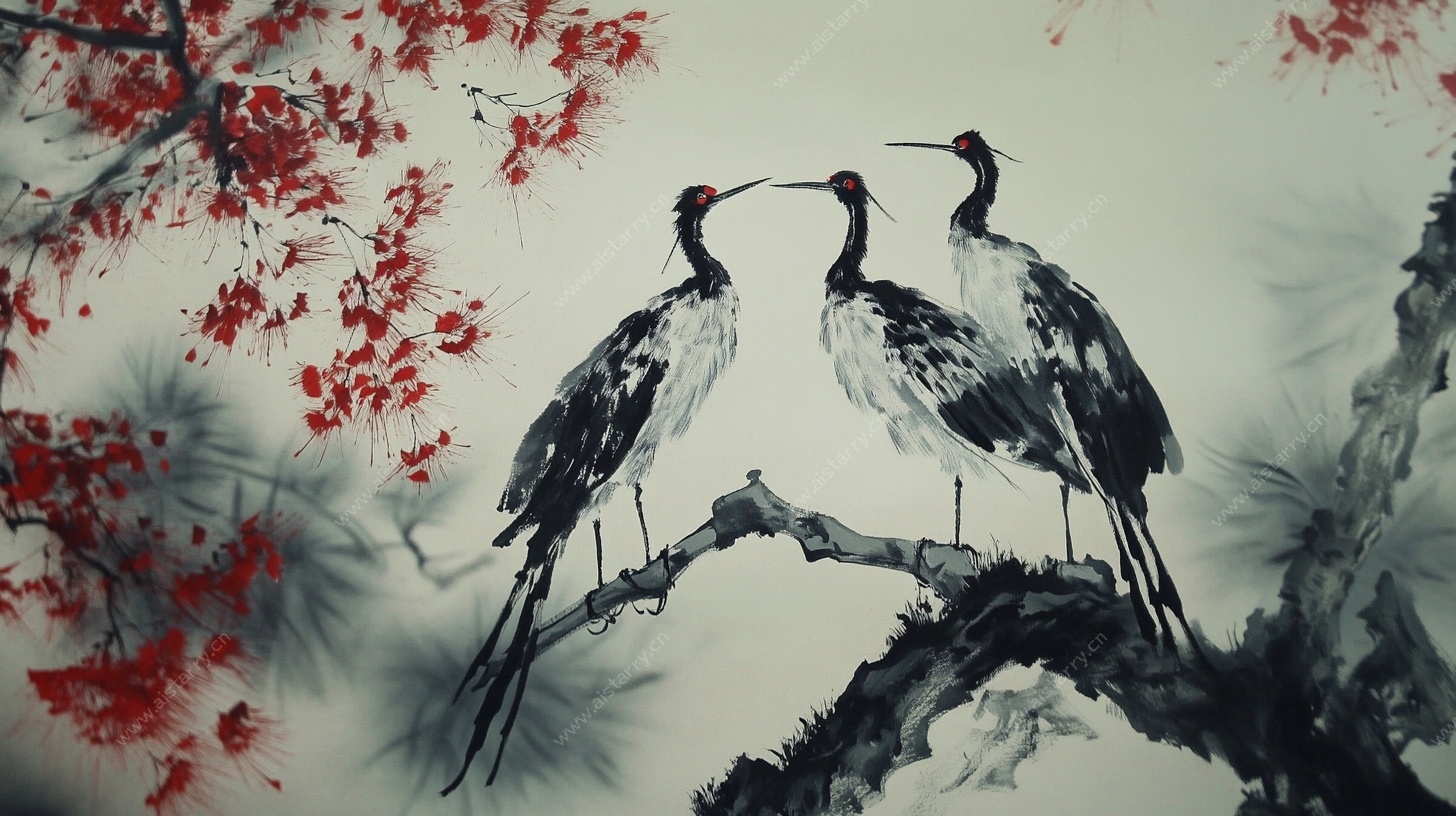 水墨三鹤栖枝图