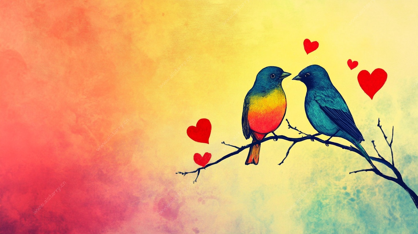 情侣鸟依偎于梦幻枝头