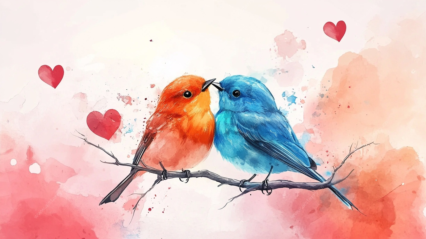 情侣小鸟水彩浪漫插画