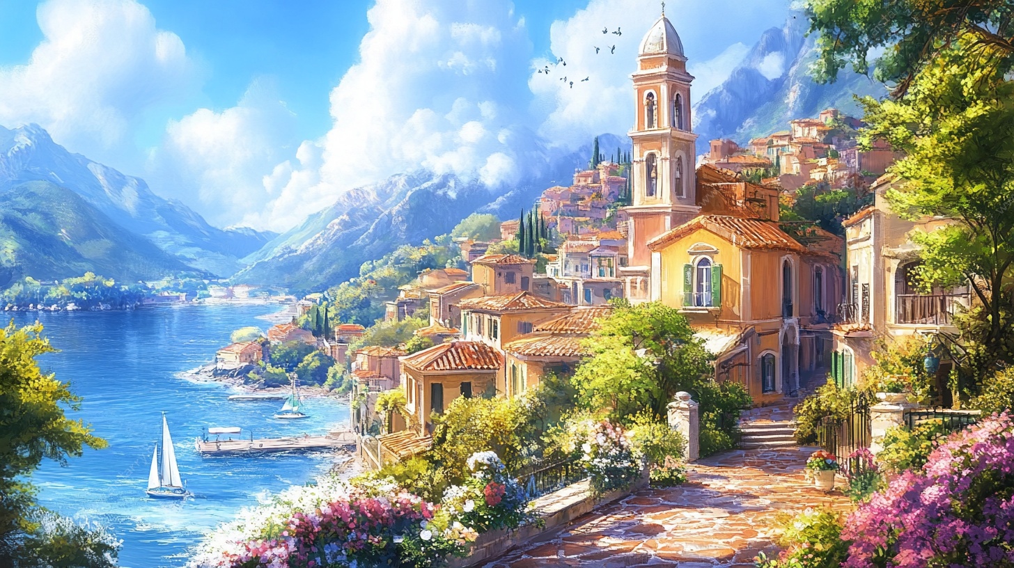 地中海风情海滨小镇美景