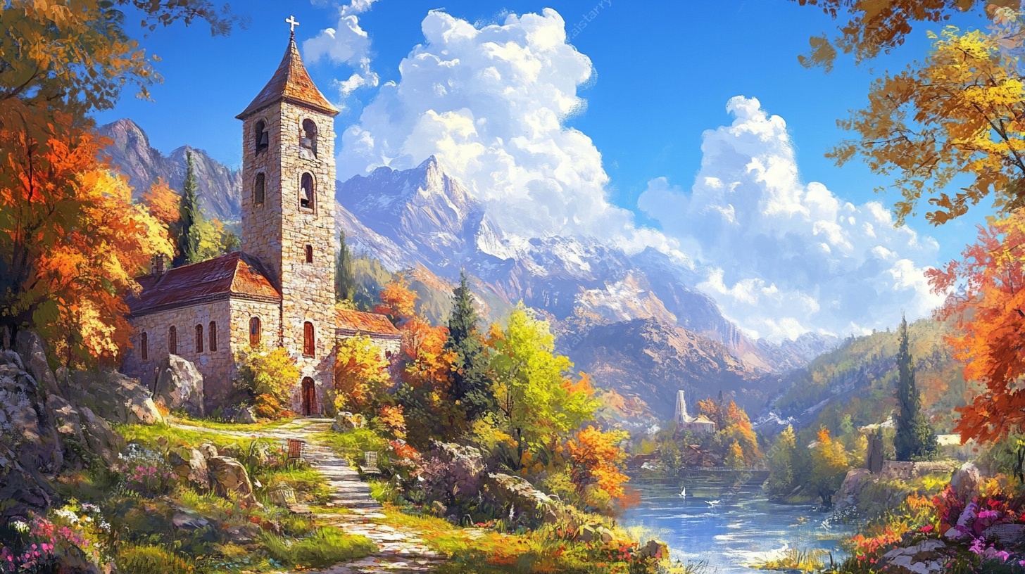 秋日山间的钟楼美景