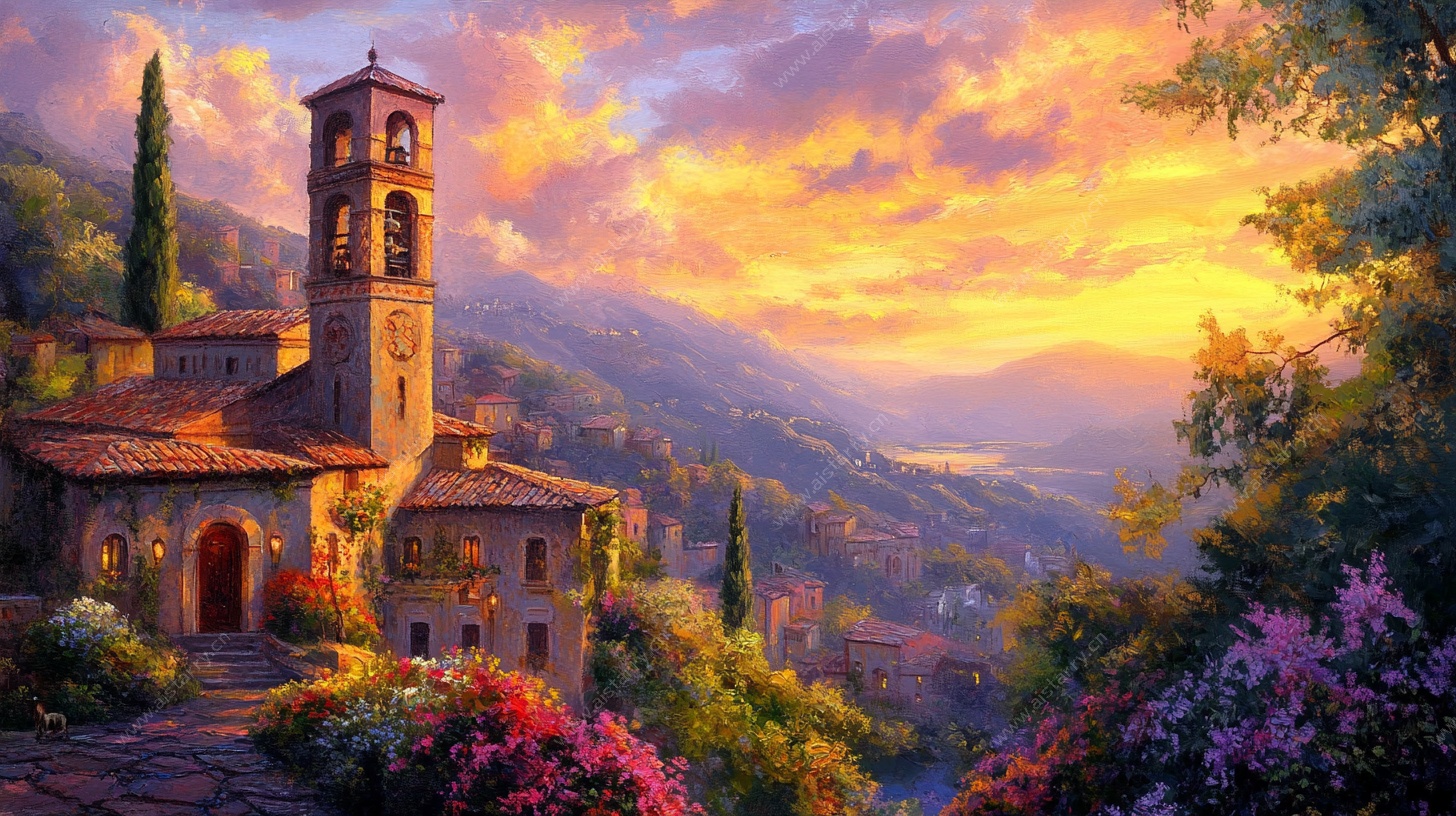 夕阳下的山间欧式浪漫小屋