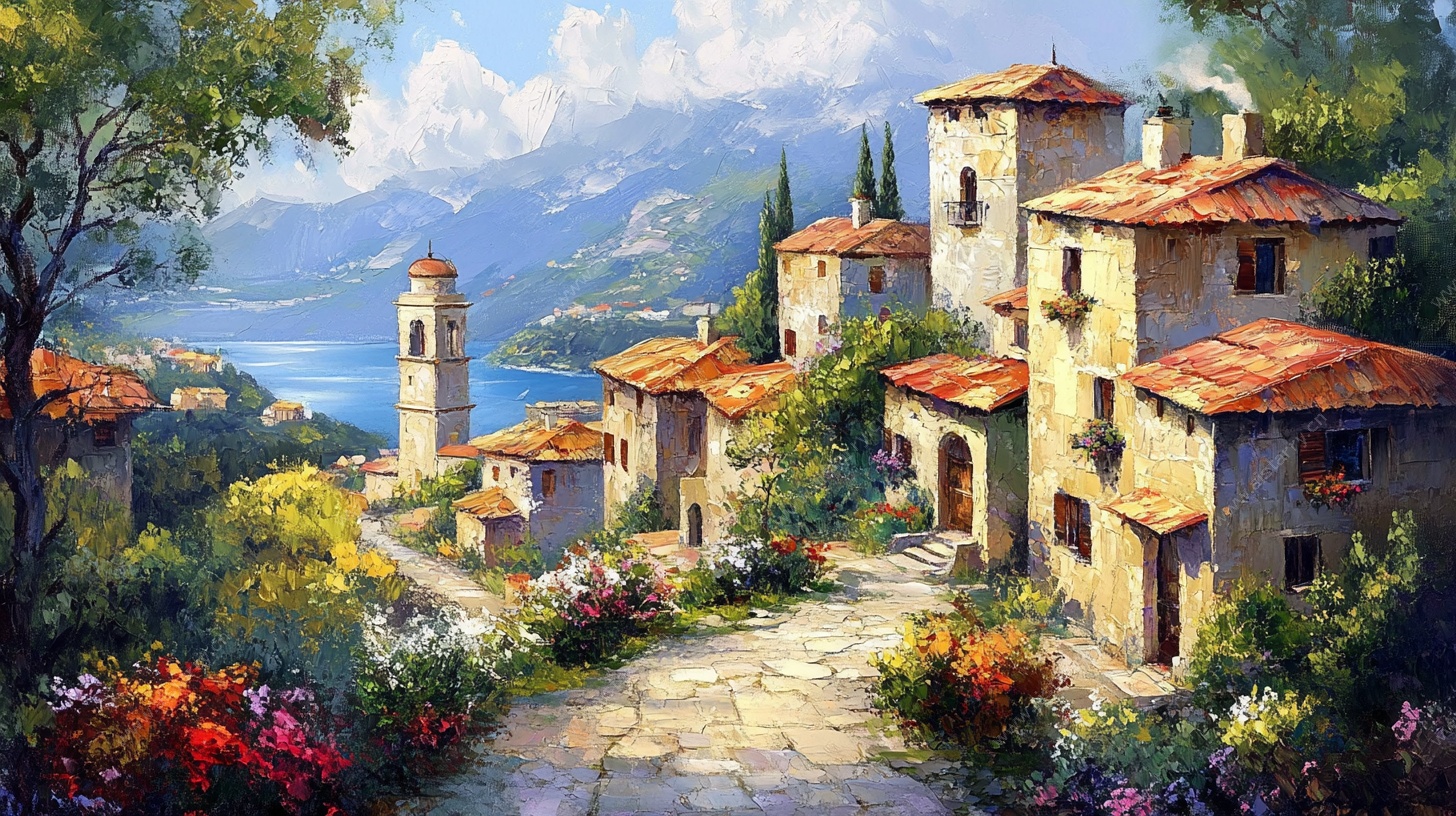 意大利风情小镇油画风景