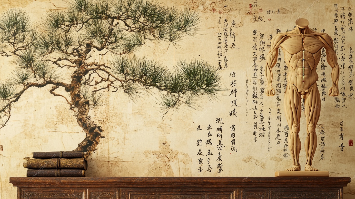 中式背景的松树与人体模型