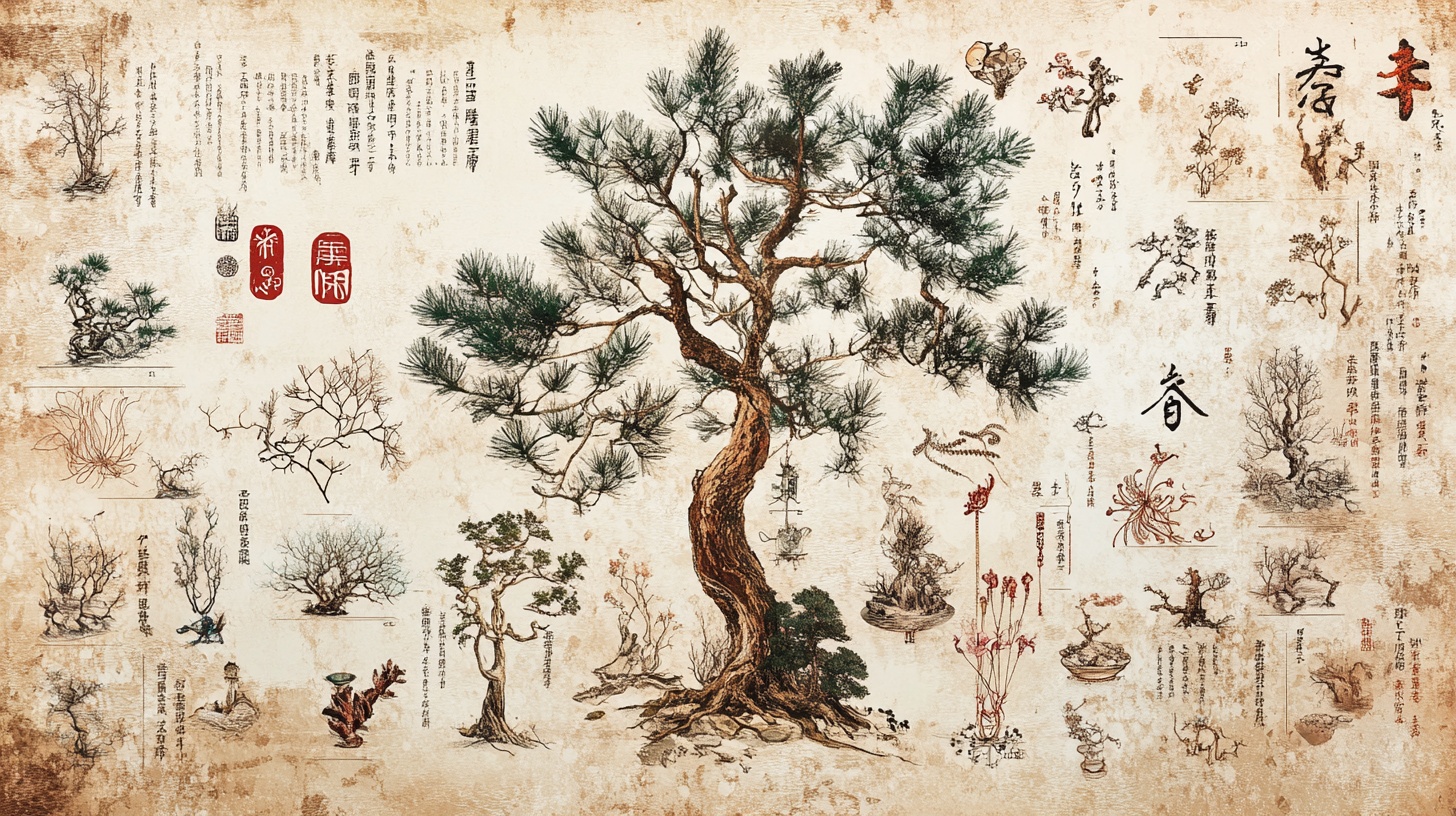 中式古风水墨松树图