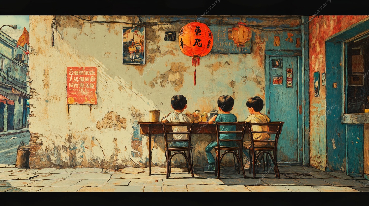 怀旧老街孩童相聚场景