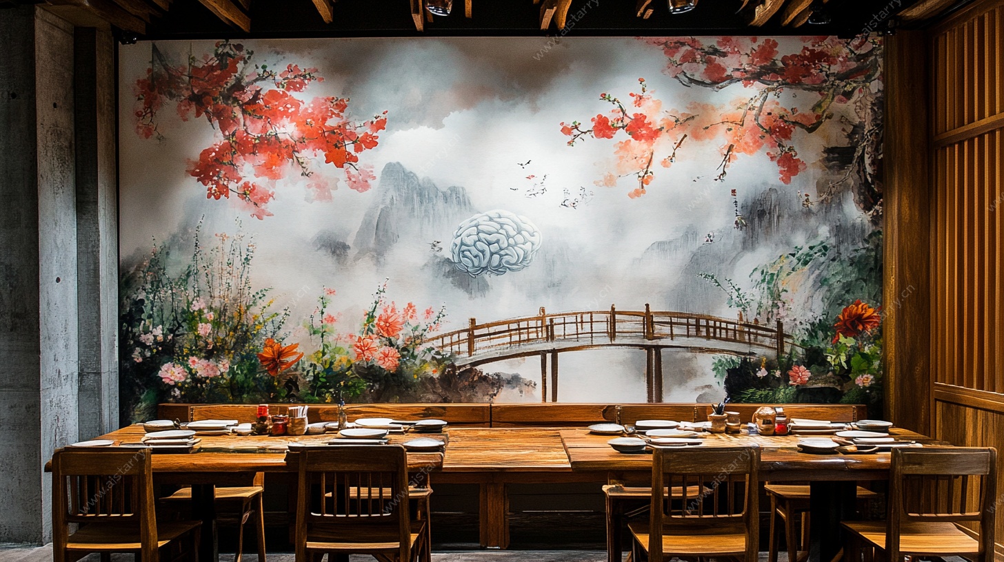 中式餐厅水墨风山水壁画