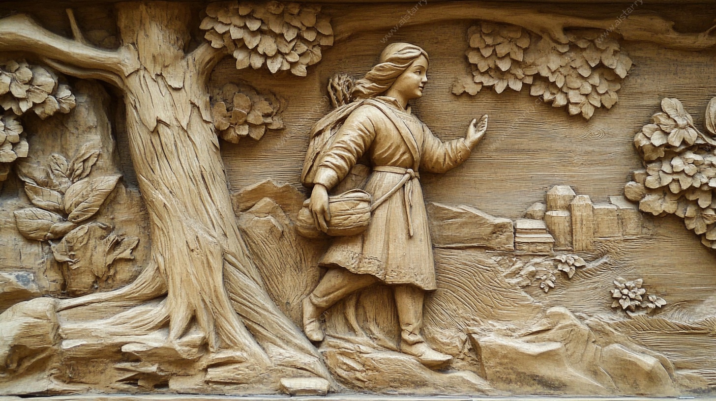 木雕人物乡村景象浮雕