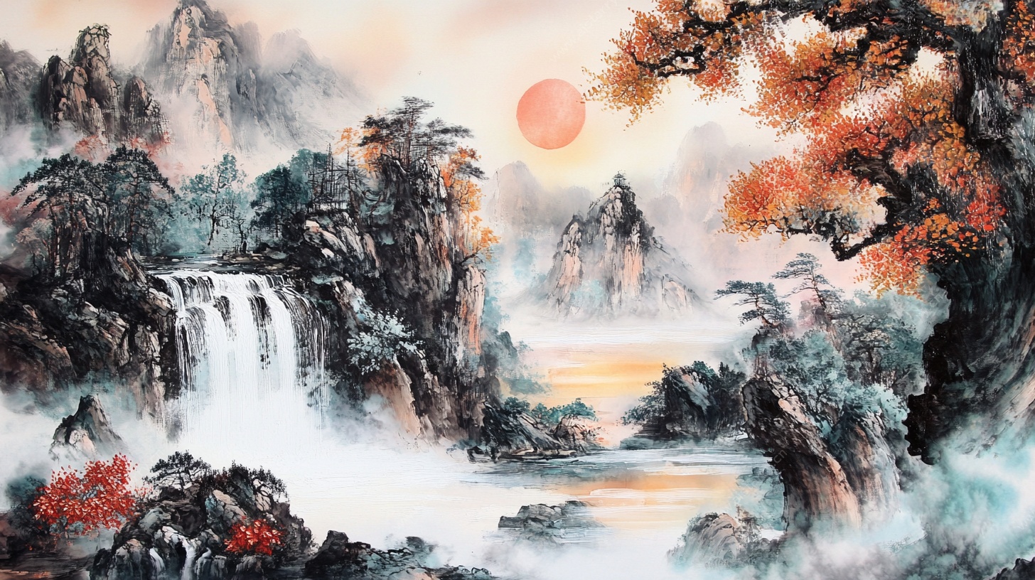 旭日东升山水国画意境图
