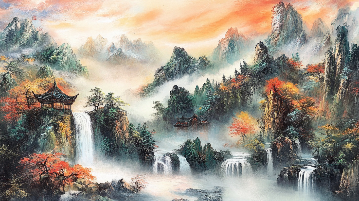 秋日山水楼阁图