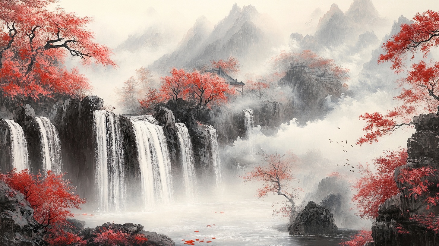 水墨山水瀑布红叶美景图