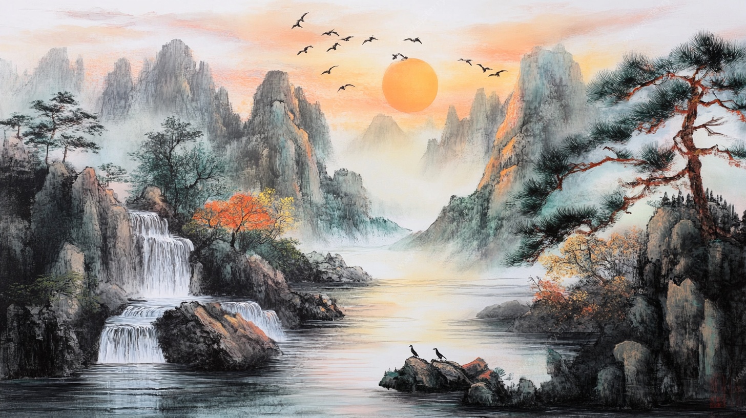 旭日山水国画风景图