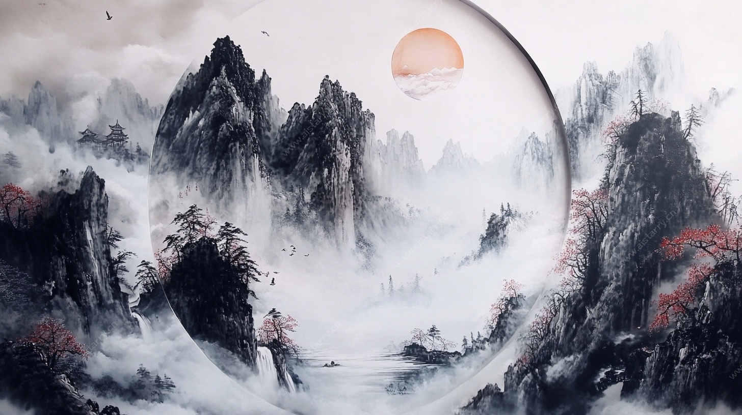 水墨山水日出意境图