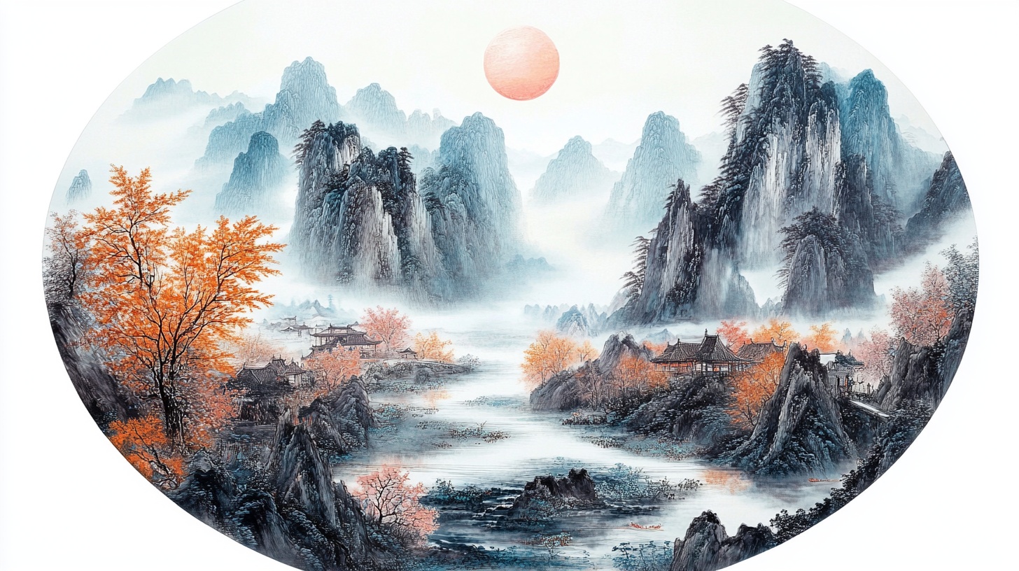 圆形水墨山水日出图