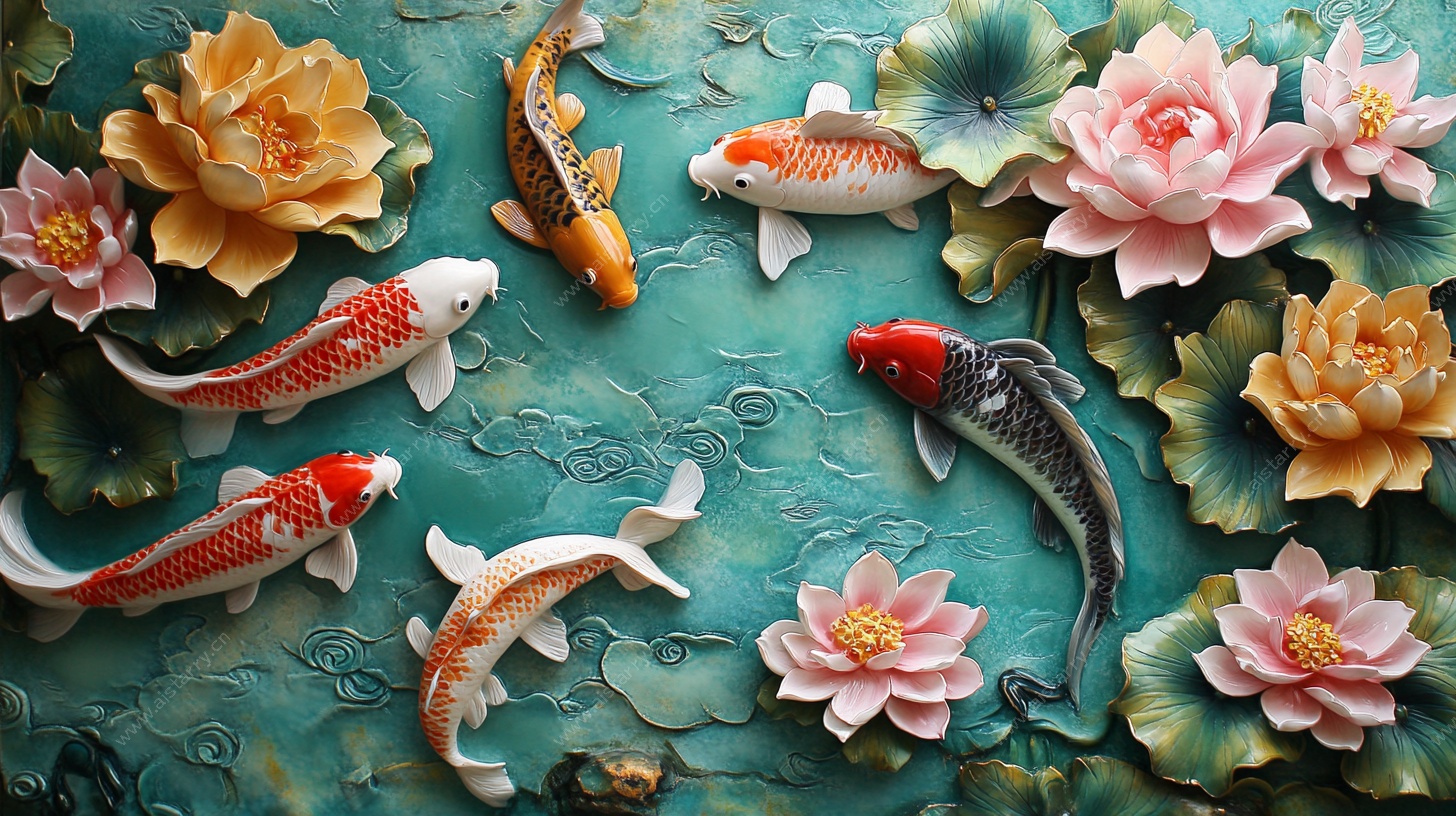 锦鲤荷花浮雕装饰图案