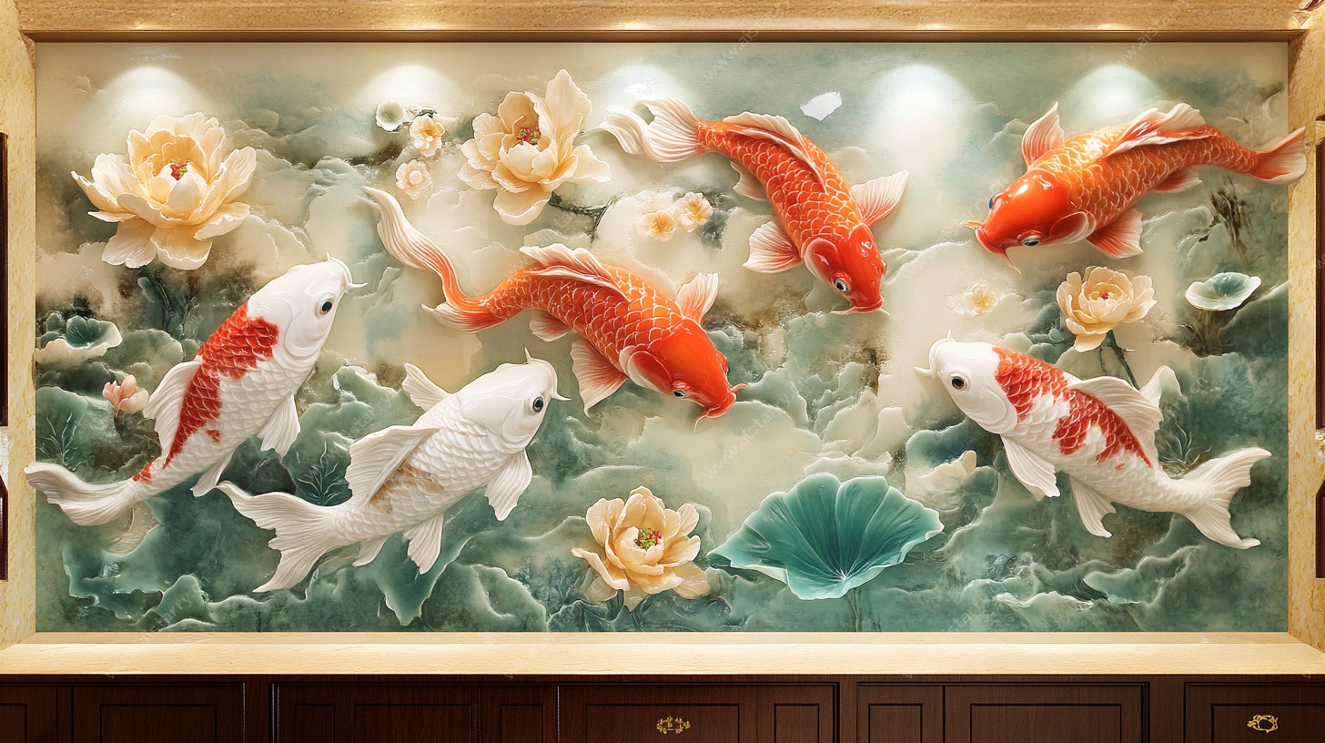 九鱼戏荷浮雕图