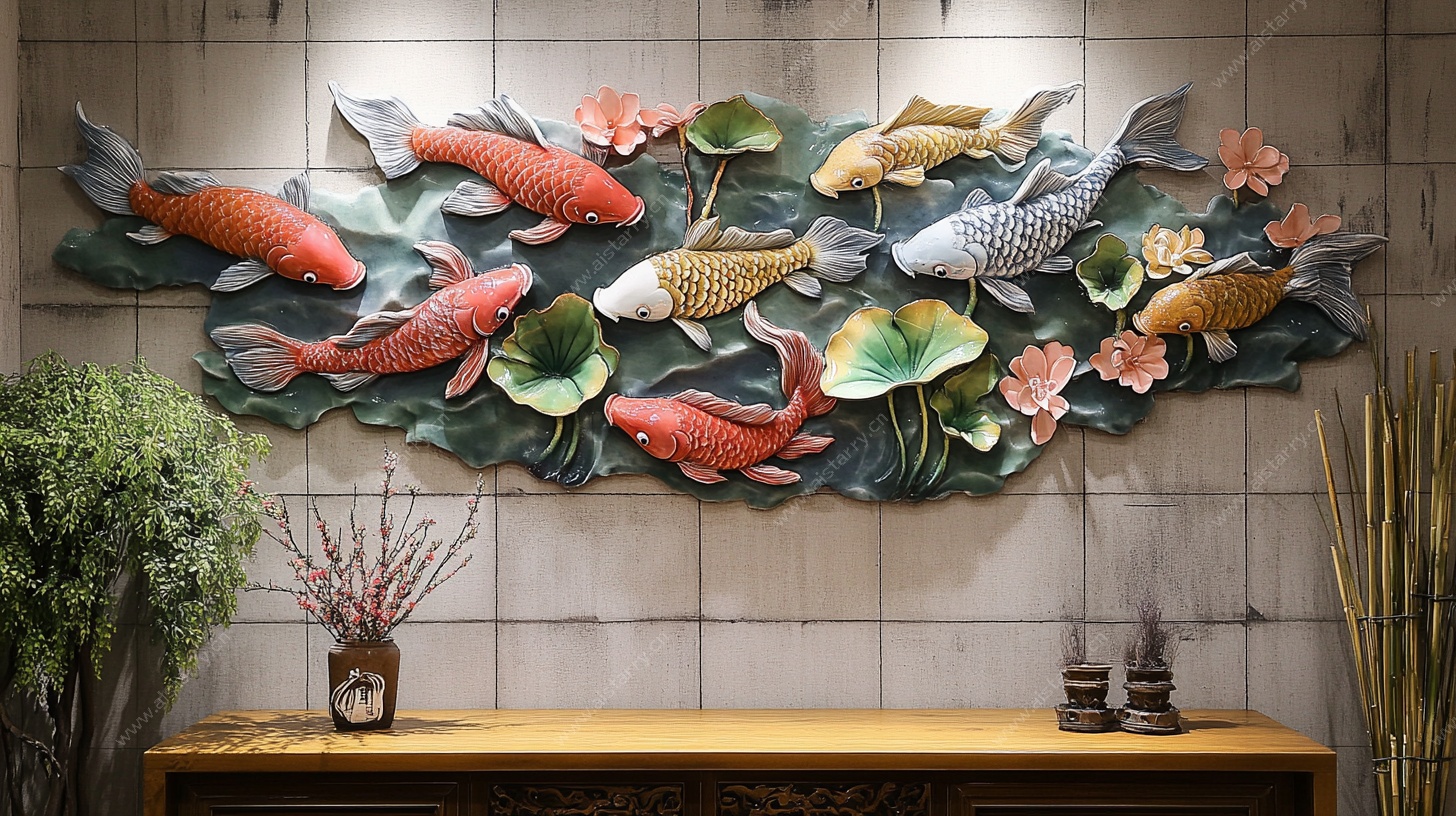 中式锦鲤浮雕墙面装饰