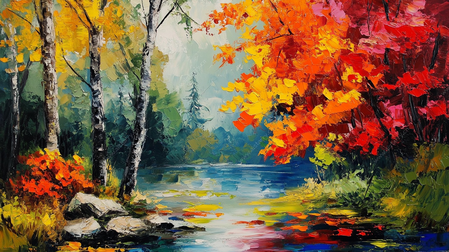 秋日河畔油画风景