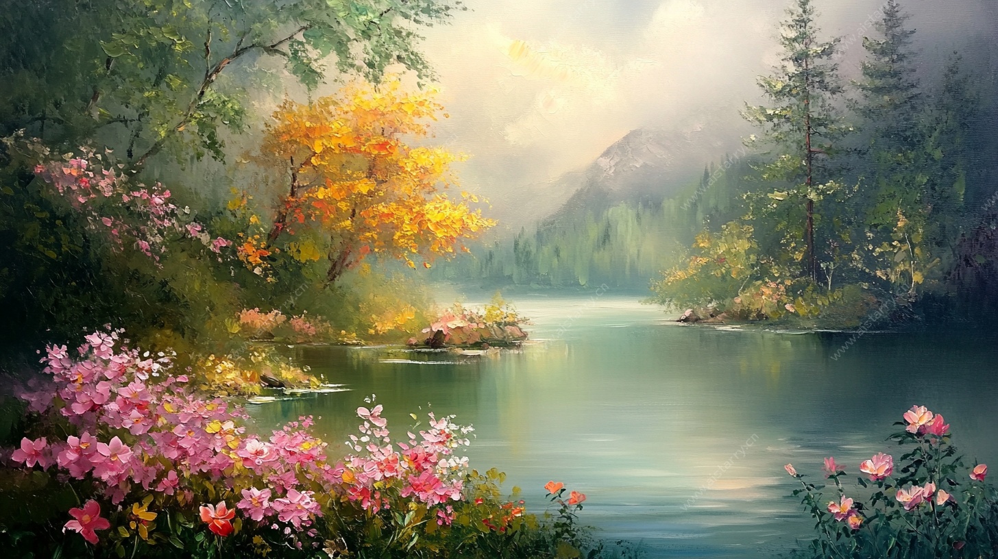 湖畔烂漫春色油画风景