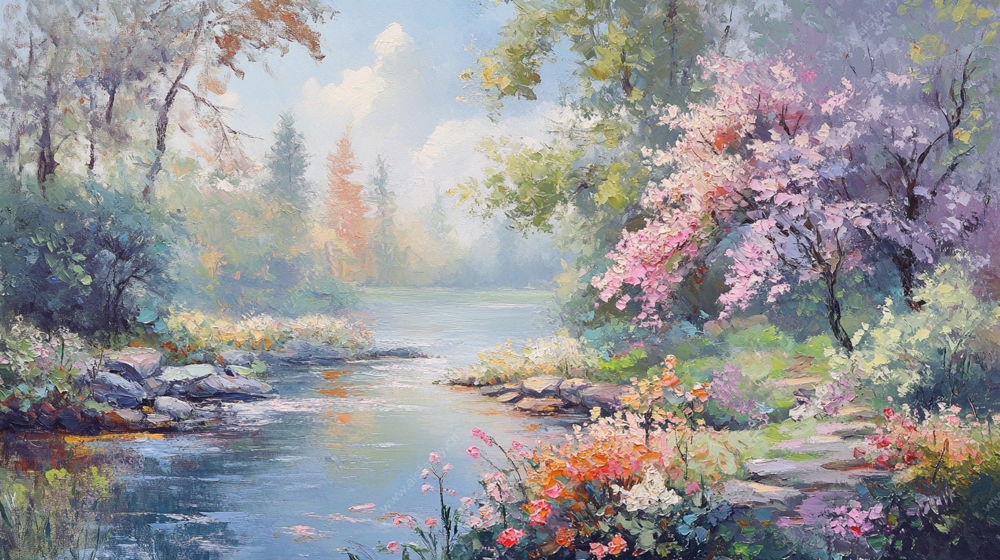 春日溪边烂漫风景油画