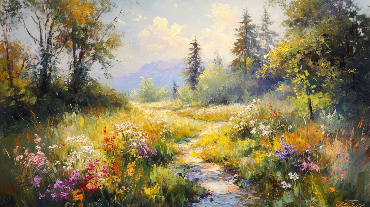 林间繁花小径油画风景
