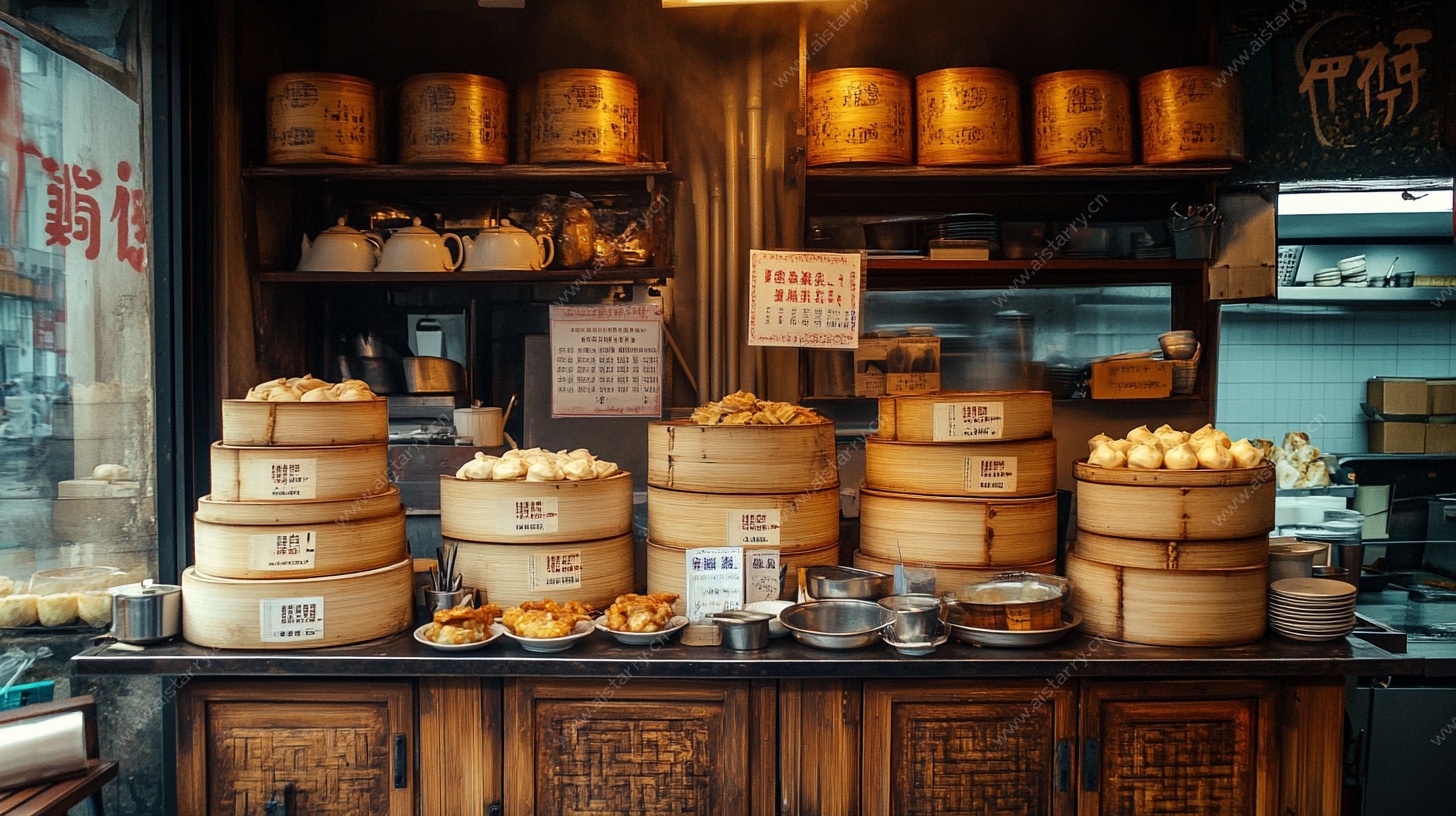 传统中式点心店蒸笼景观