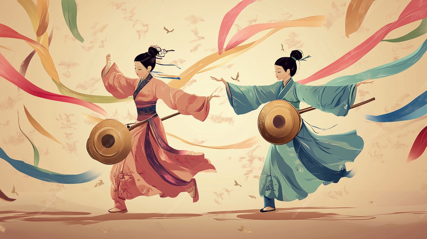 古风舞者击鼓飘带图