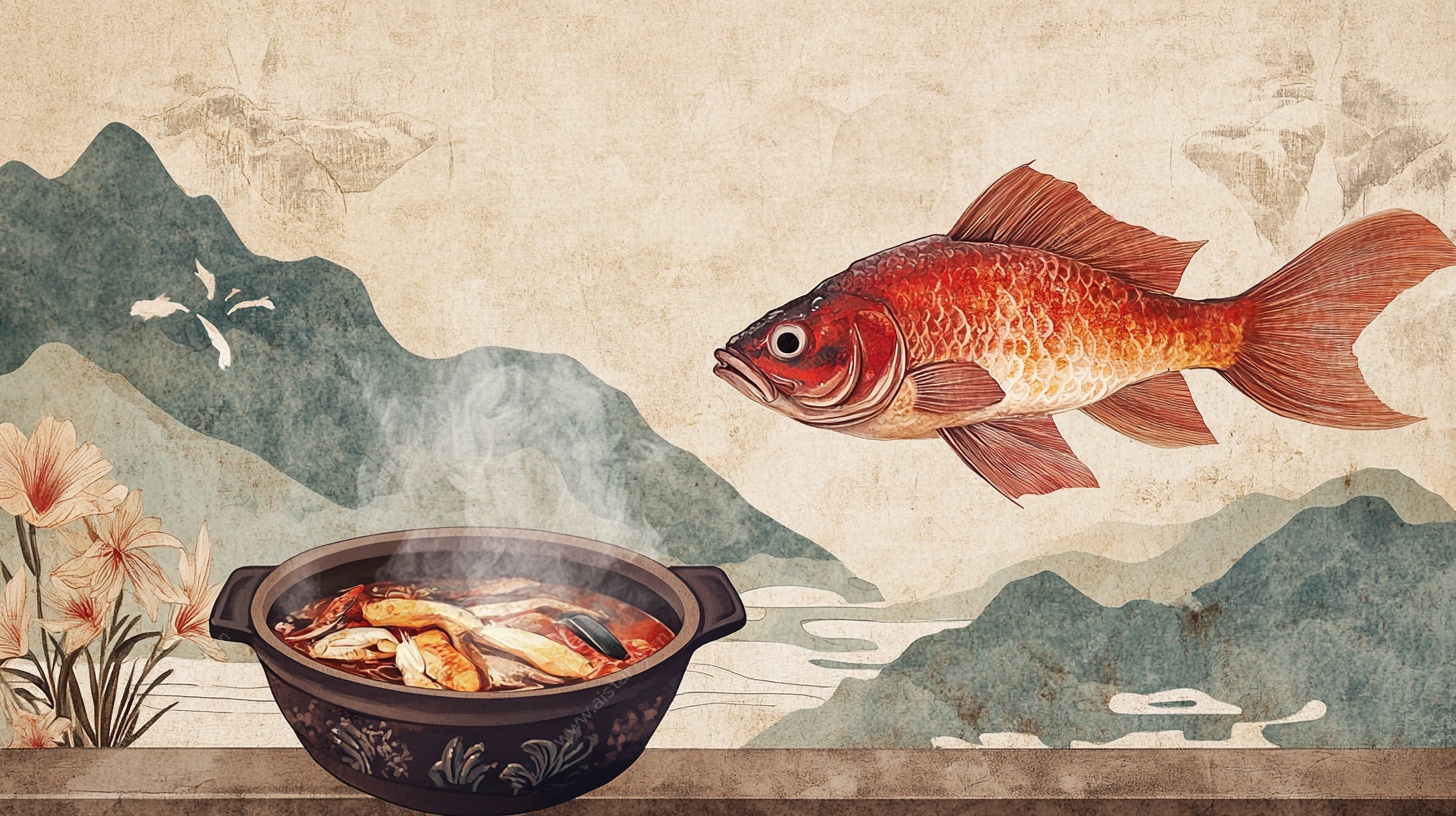 中式山水煮鱼插画