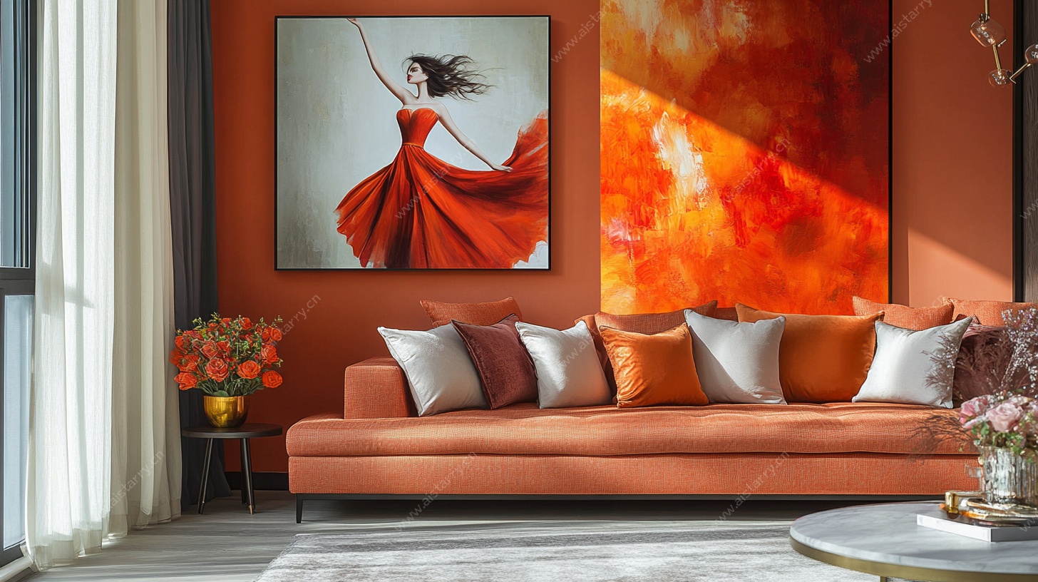 橙调客厅的艺术风情