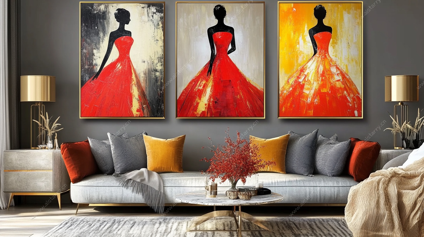 三联红裙女郎装饰画