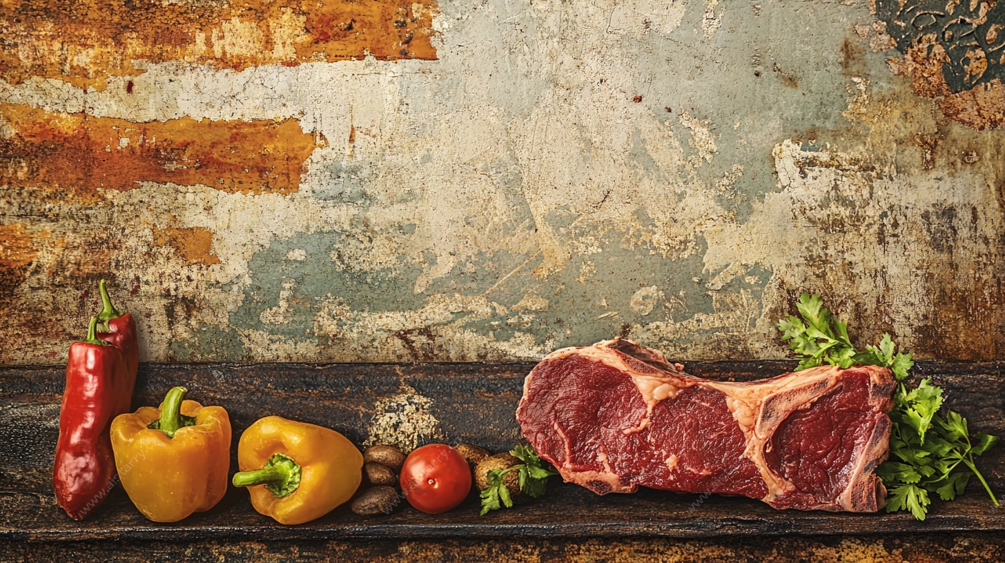 牛排与多彩蔬菜静物图