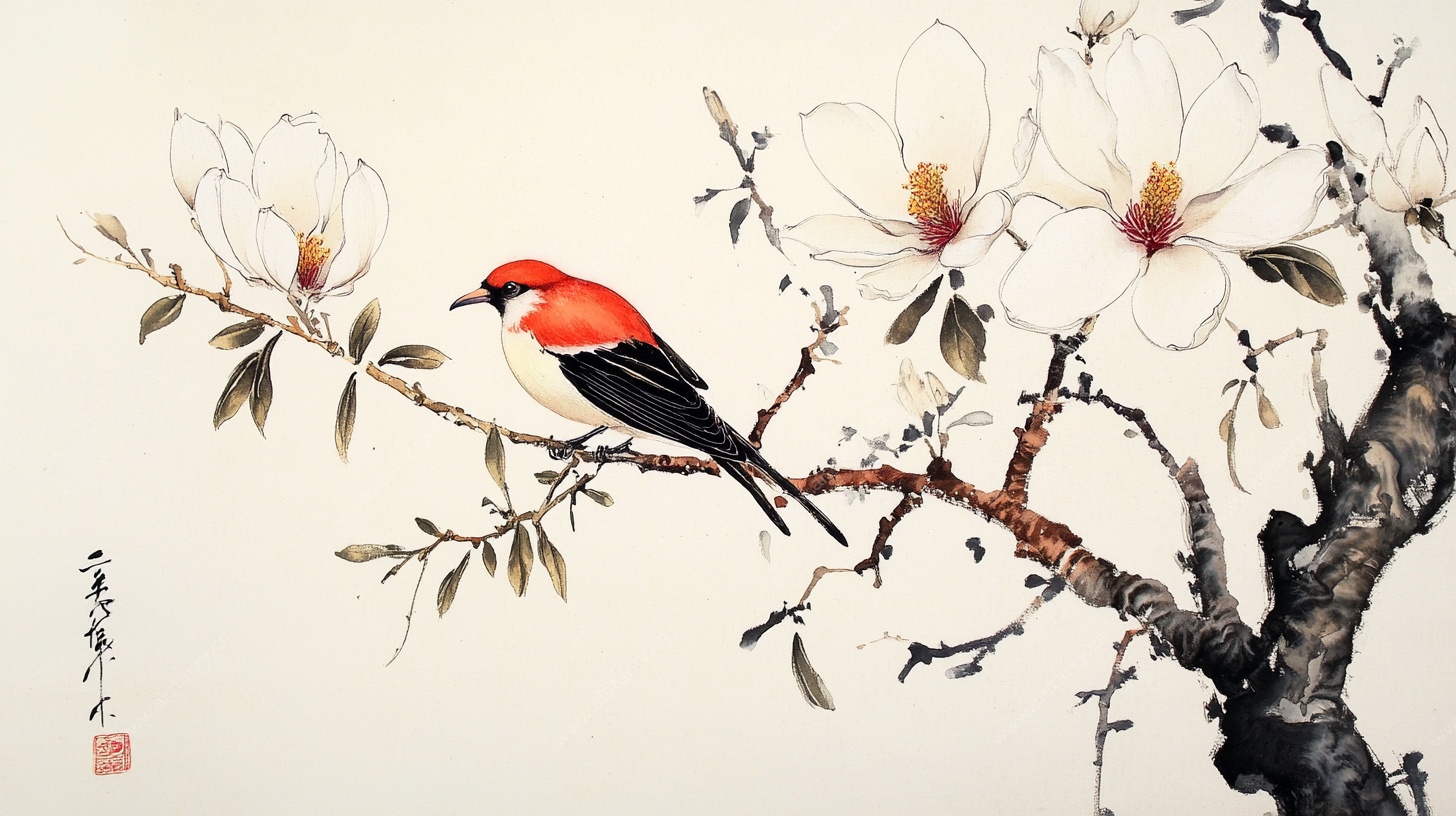 玉兰花枝栖鸟图