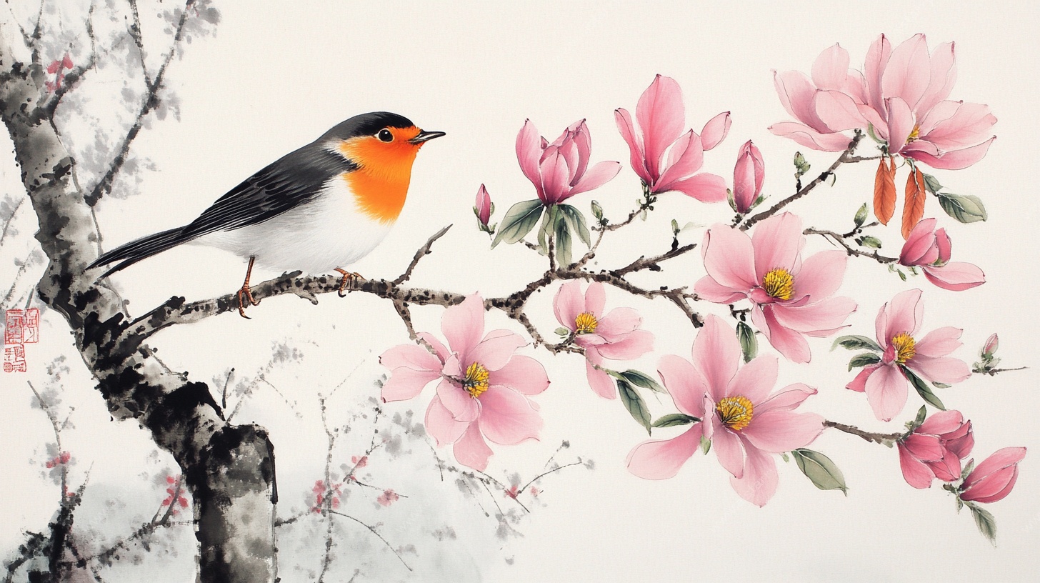花鸟图 玉兰花枝栖雀