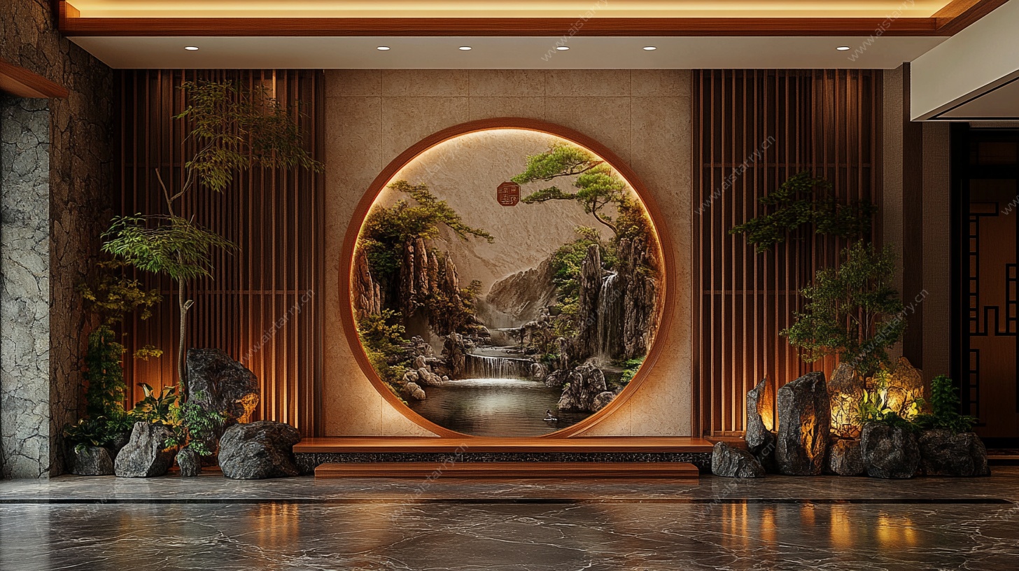 中式大厅山水壁画装饰
