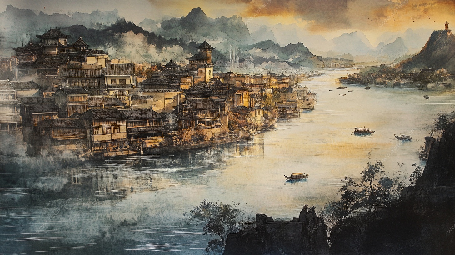 水墨江南水乡风景画