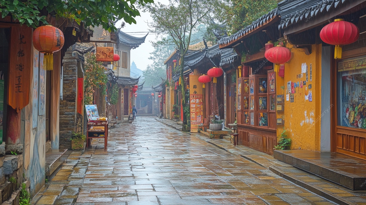 古巷雨景 红灯笼点缀街道