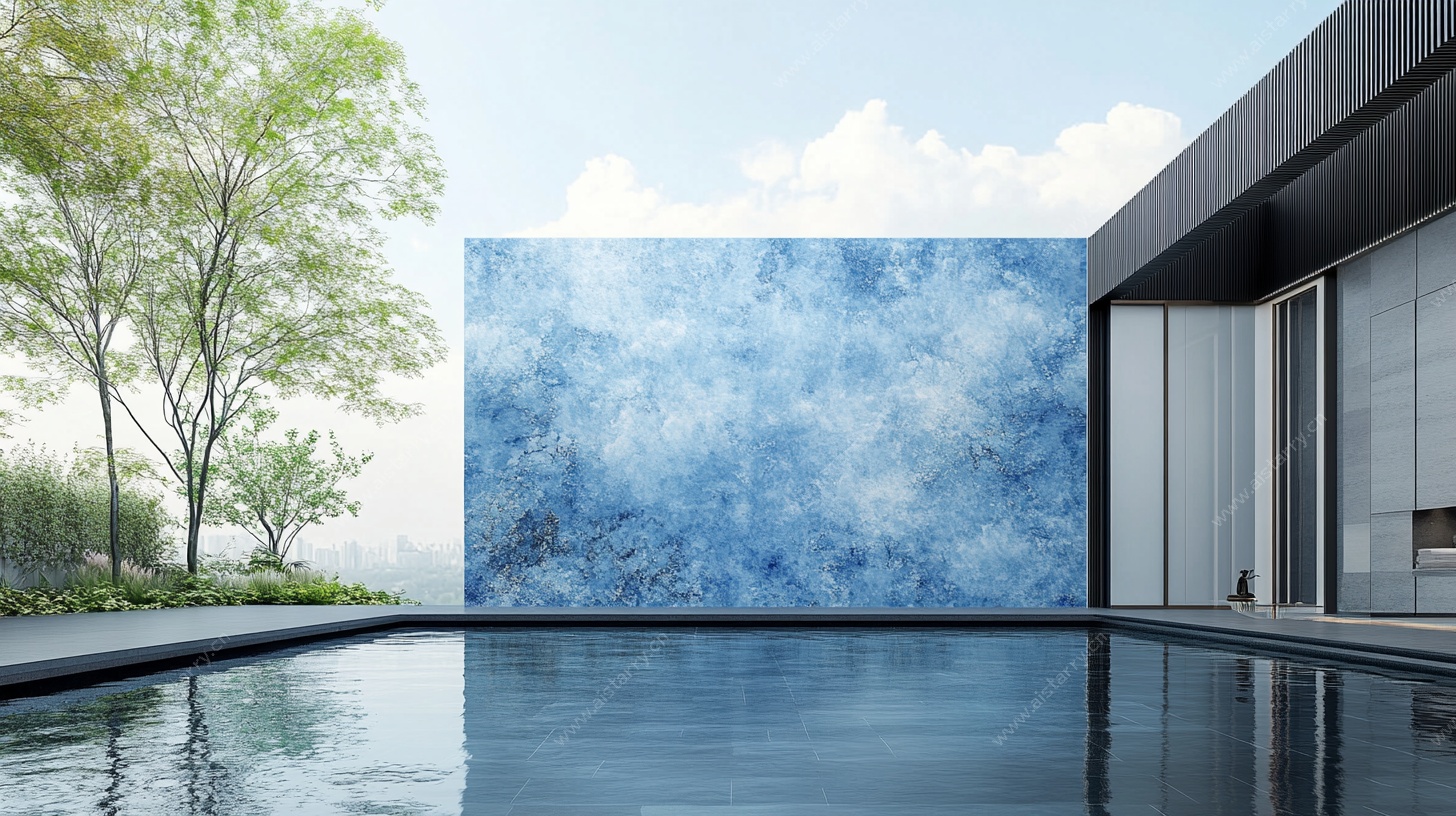 现代庭院中的蓝色水景墙