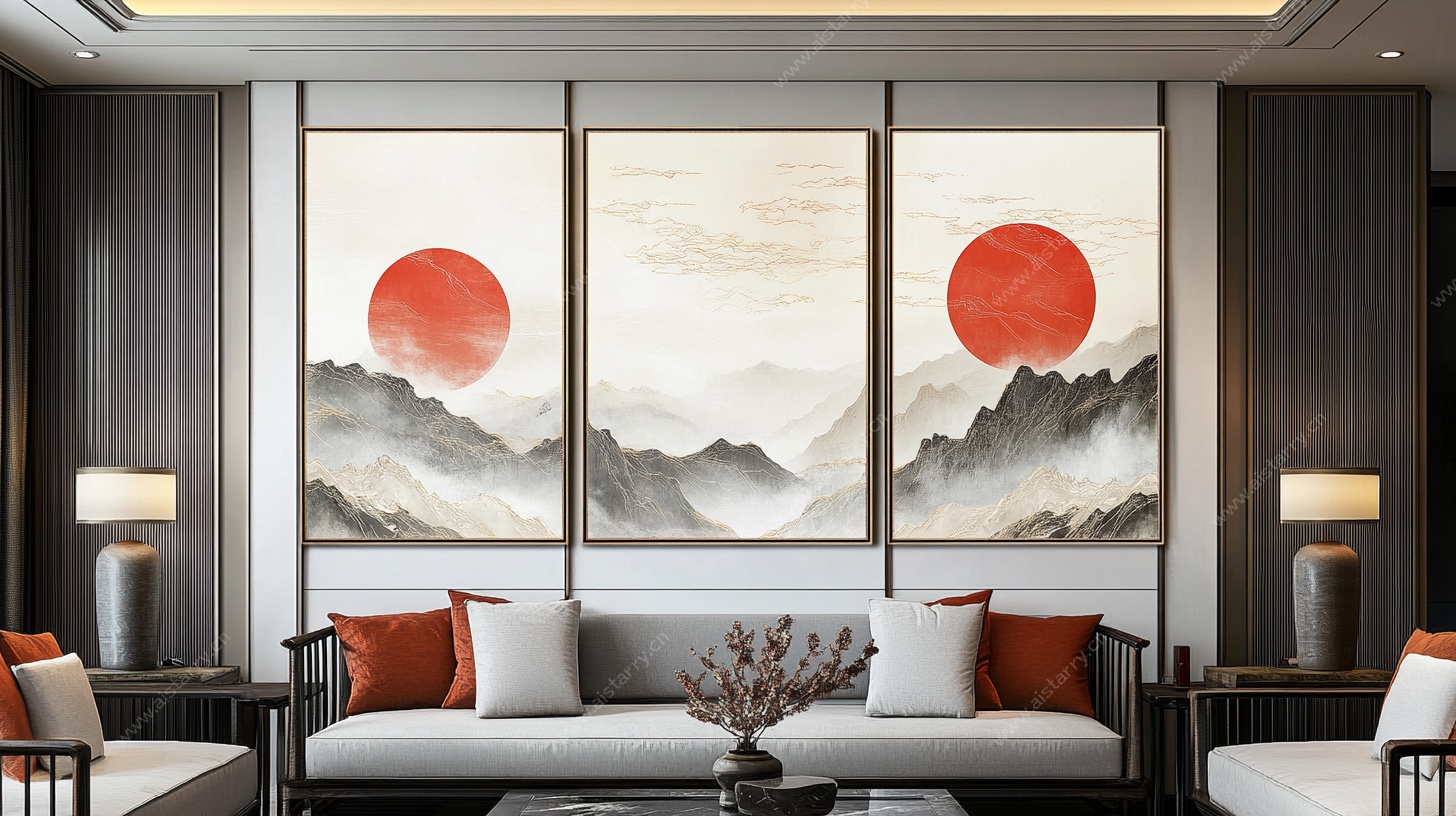 中式客厅三联山水红日挂画